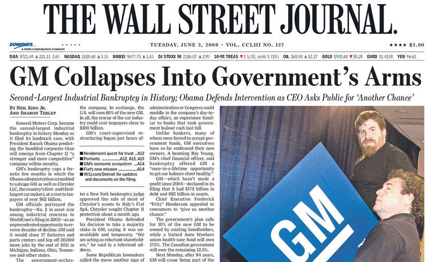 Newspaper headline about the auto industry bailout