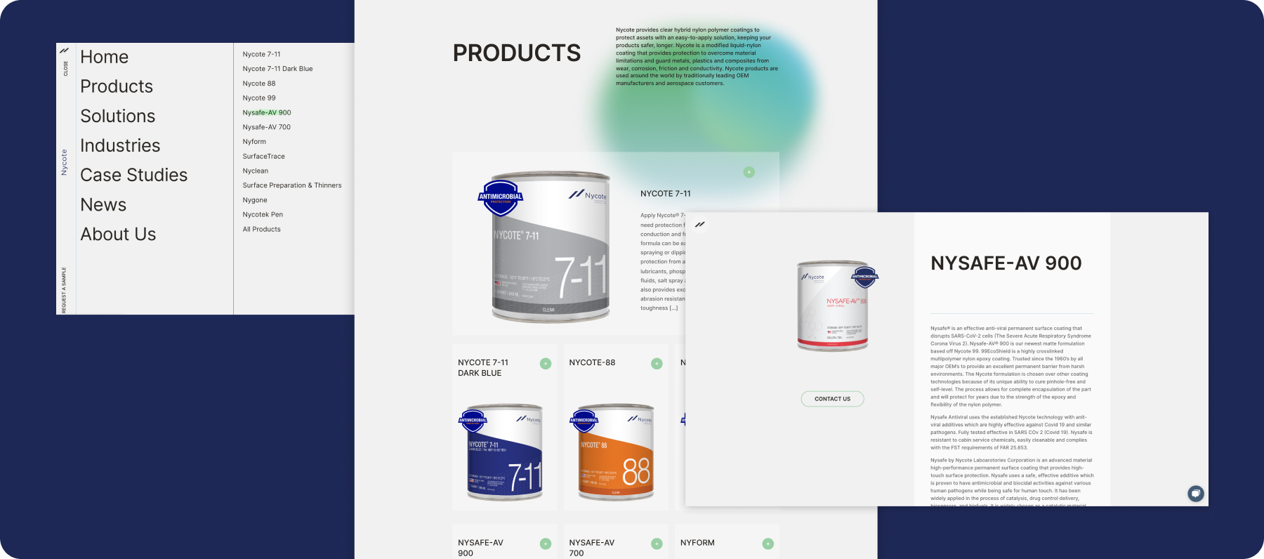 Nycote product catalog and product detail pages