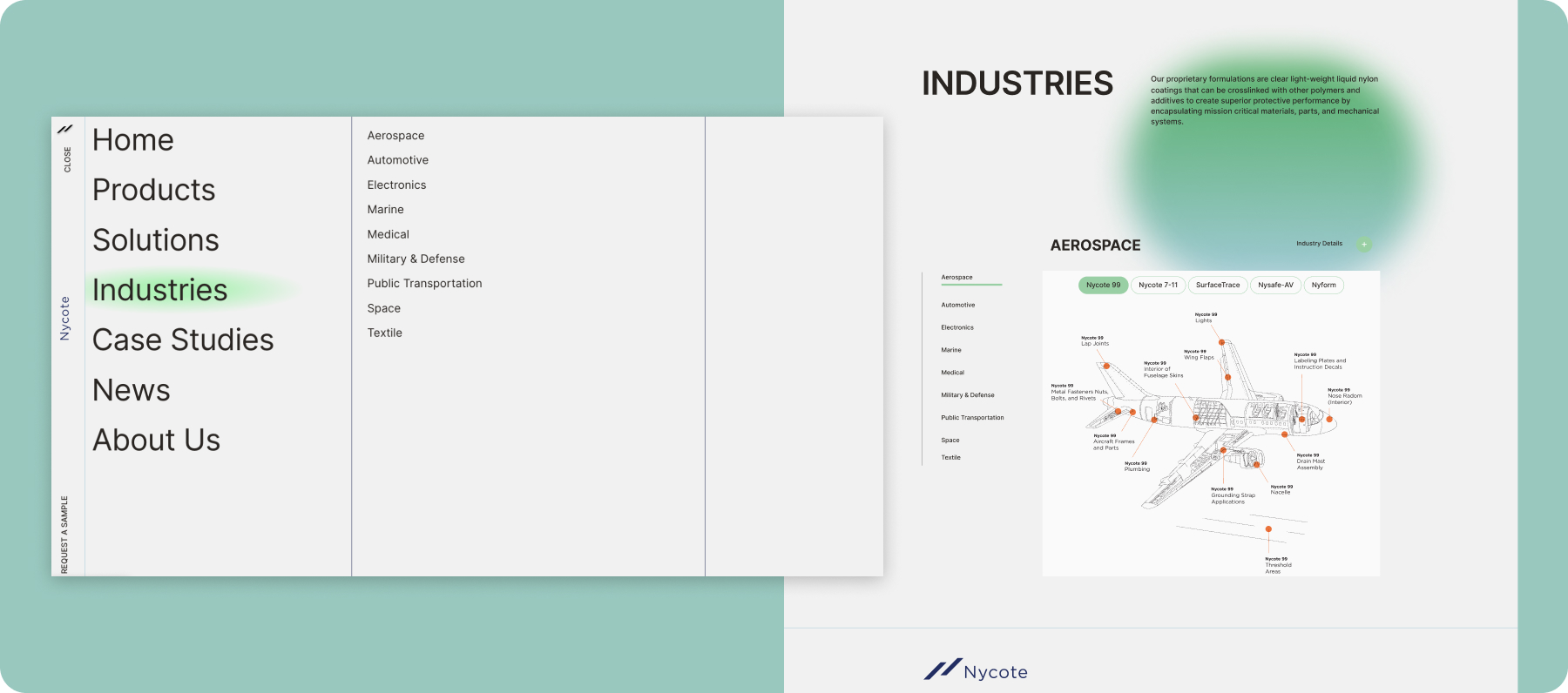 Nycote website navigation and industries page